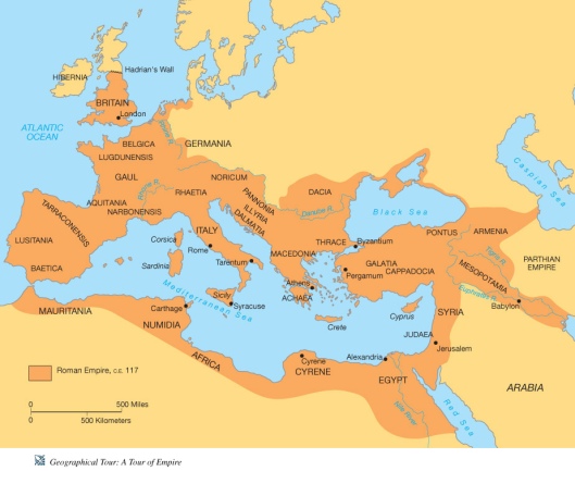 Χάρτης της Ρωμαϊκής Αυτοκρατορίας στον οποίο φαίνονται τα ονόματα των επαρχιών.